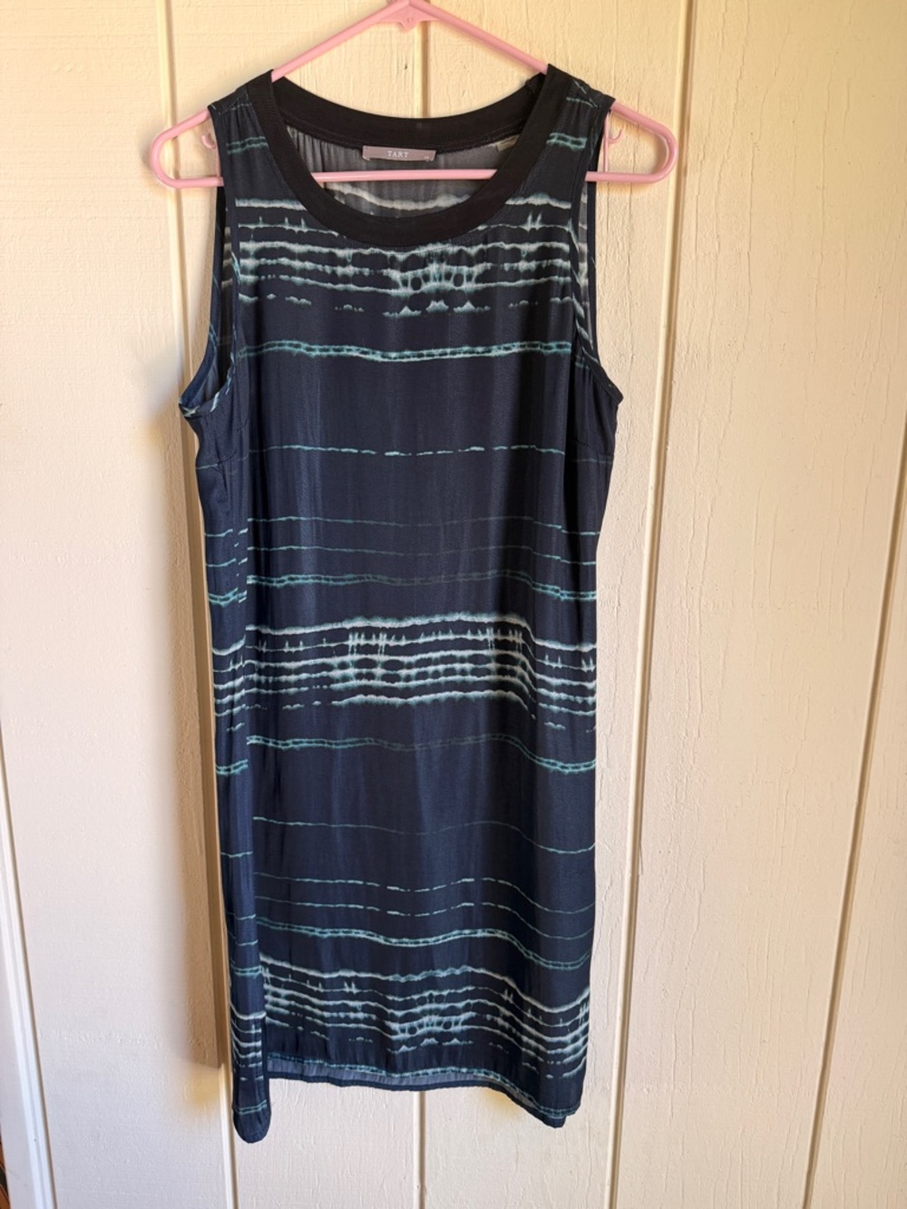 Tart Navy Silky Shift Dress with Shibori Tie Dye Stripes